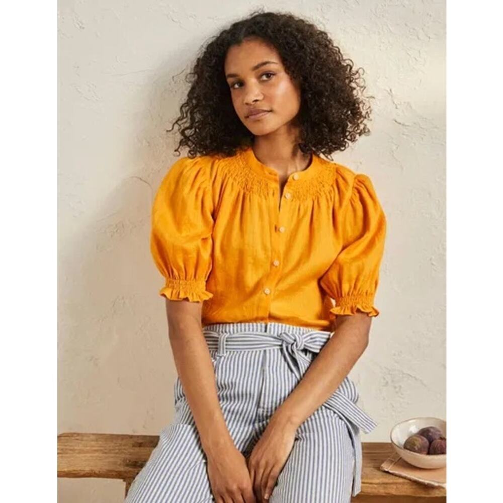 Boden Women's Yellow Linen Smocked Short Sleeve Button Down Shirt Top Size